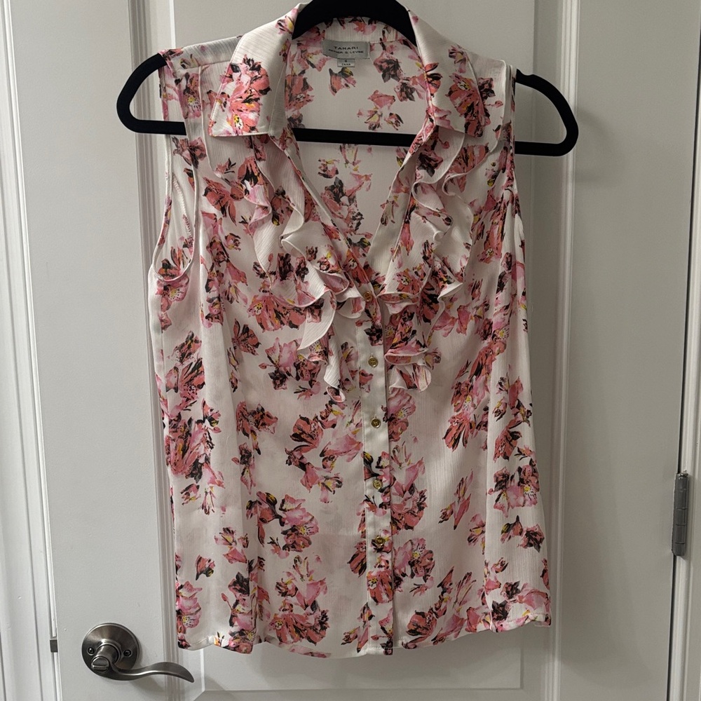 Tahari White and Pink Floral Ruffle Tank Top